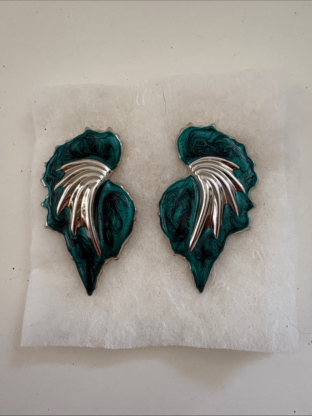 Teal and Silver Leaf-Shaped Statement Earrings